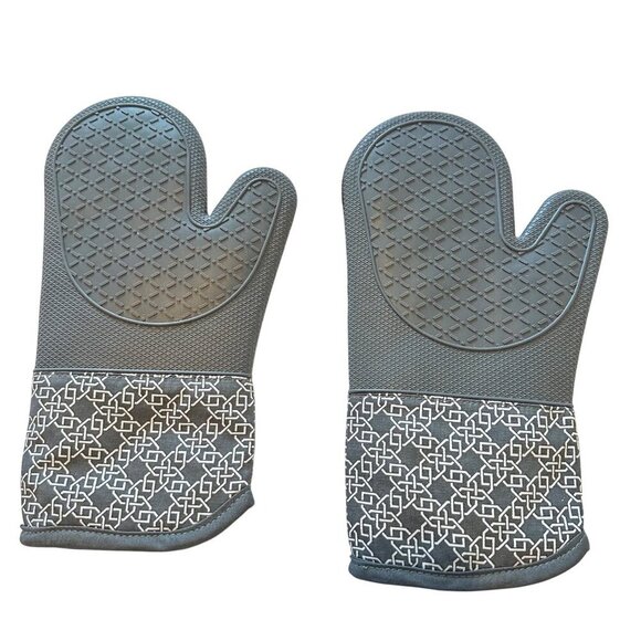 Silicone Shell Kitchen Oven Mitts Heat Resistant 500 Degrees Waterproof Set Gray - Picture 3 of 9